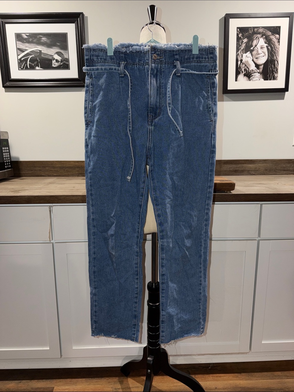 Monogram Classic High-Waist Light Blue Denim Jeans raw hem waist 32